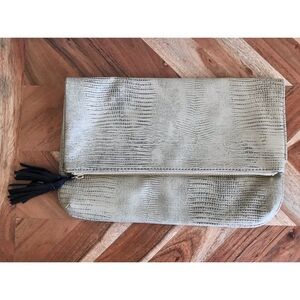 R + J Tan Faux Leather Tassel Foldover Clutch